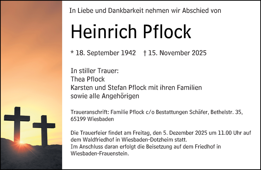  Traueranzeige für Heinrich Pflock vom 29.11.2025 aus Wiesbadener Kurier
