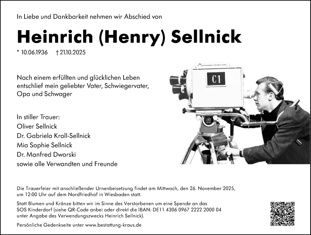  Traueranzeige für Heinrich Sellnick vom 15.11.2025 aus Wiesbadener Kurier