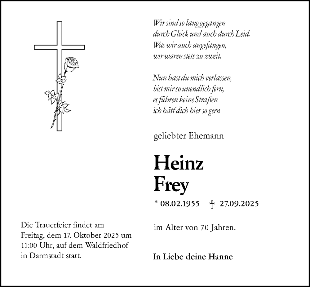  Traueranzeige für Heinz Frey vom 11.10.2025 aus Darmstädter Echo