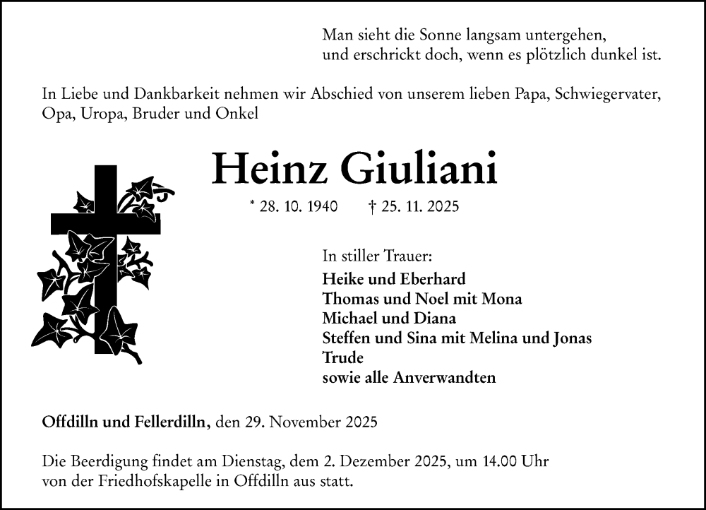  Traueranzeige für Heinz Giuliani vom 29.11.2025 aus Dill Block