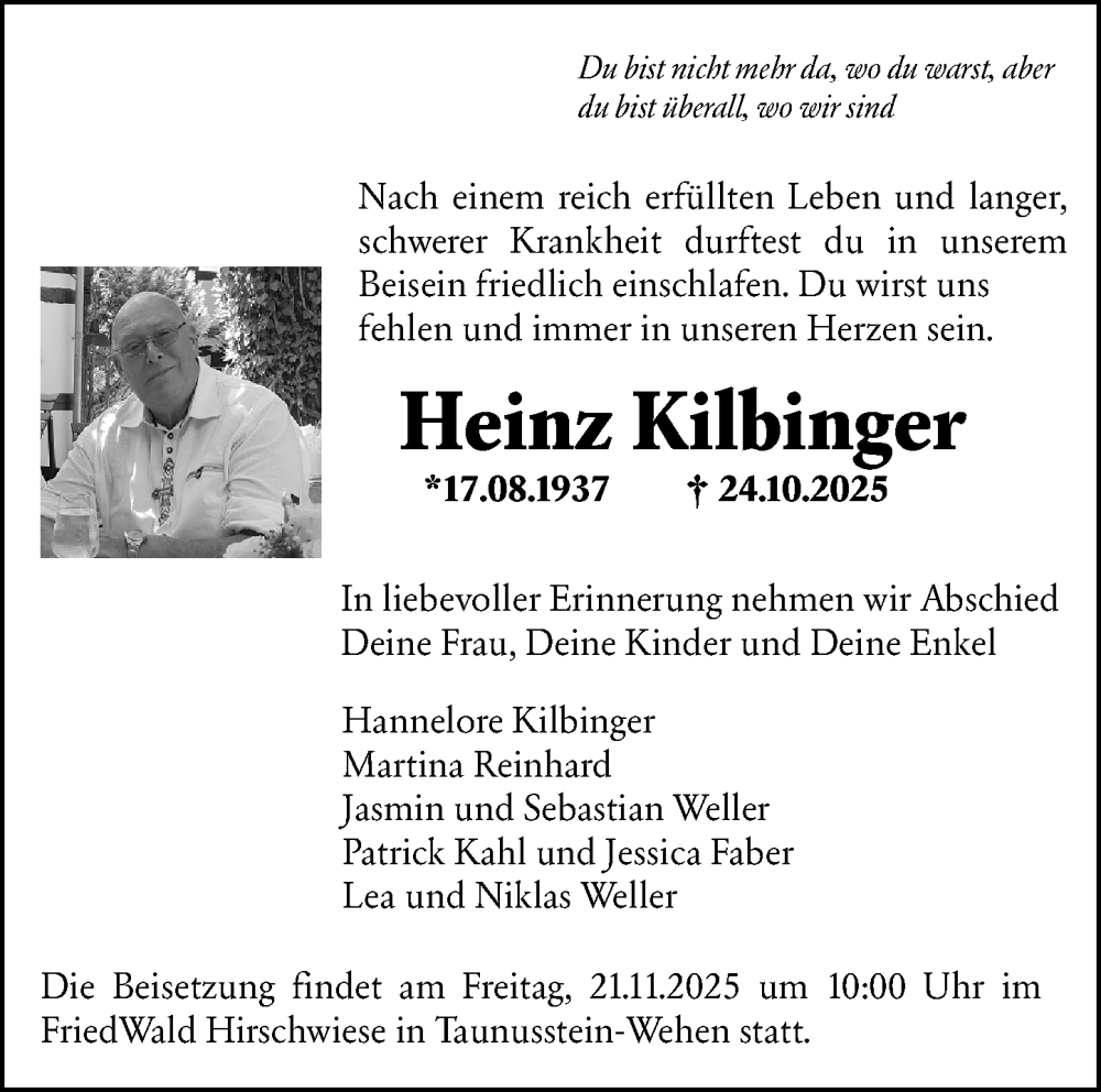  Traueranzeige für Heinz Kilbinger vom 14.11.2025 aus Hochheimer Zeitung