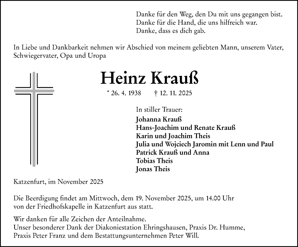  Traueranzeige für Heinz Krauß vom 17.11.2025 aus Wetzlarer Neue Zeitung