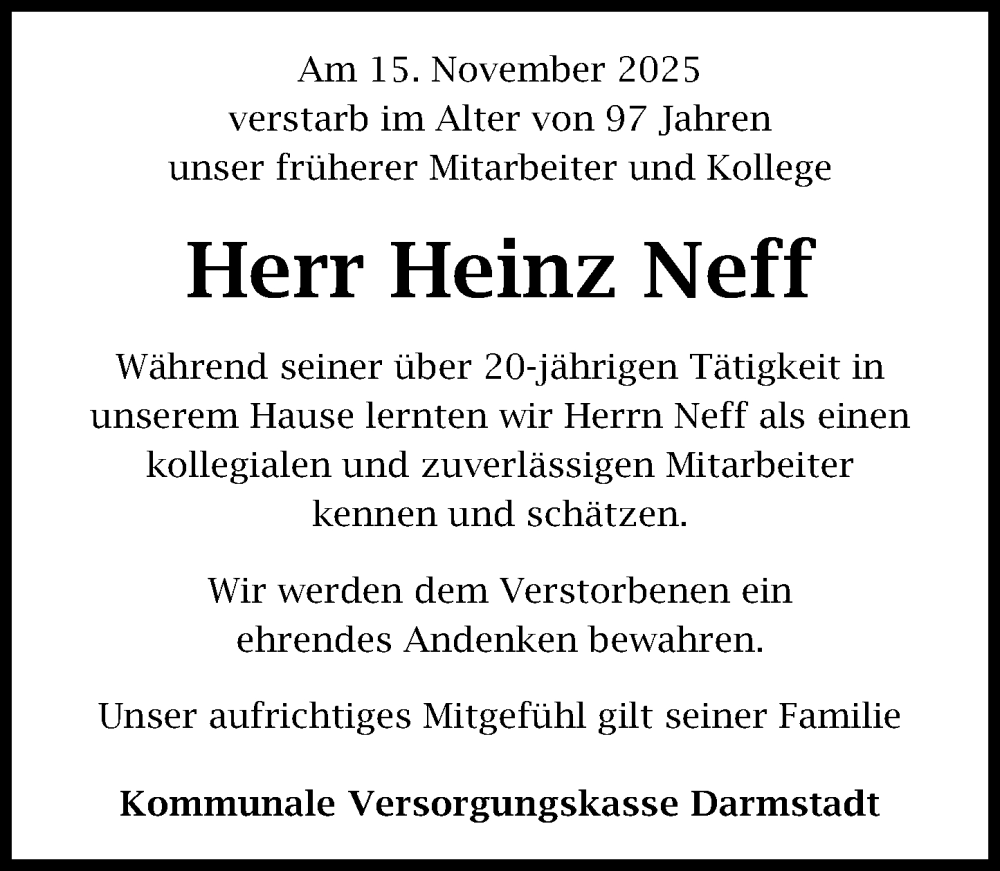  Traueranzeige für Heinz Neff vom 22.11.2025 aus Darmstädter Echo