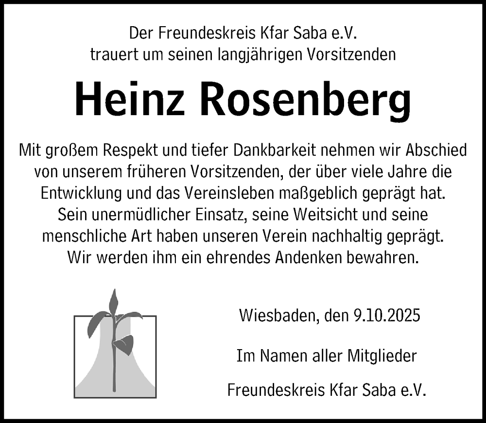  Traueranzeige für Heinz Rosenberg vom 11.10.2025 aus Wiesbadener Kurier