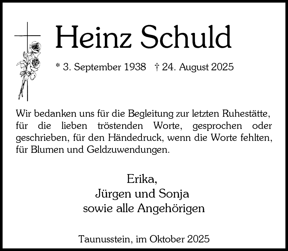  Traueranzeige für Heinz Schuld vom 11.10.2025 aus Idsteiner Land/Untertaunus