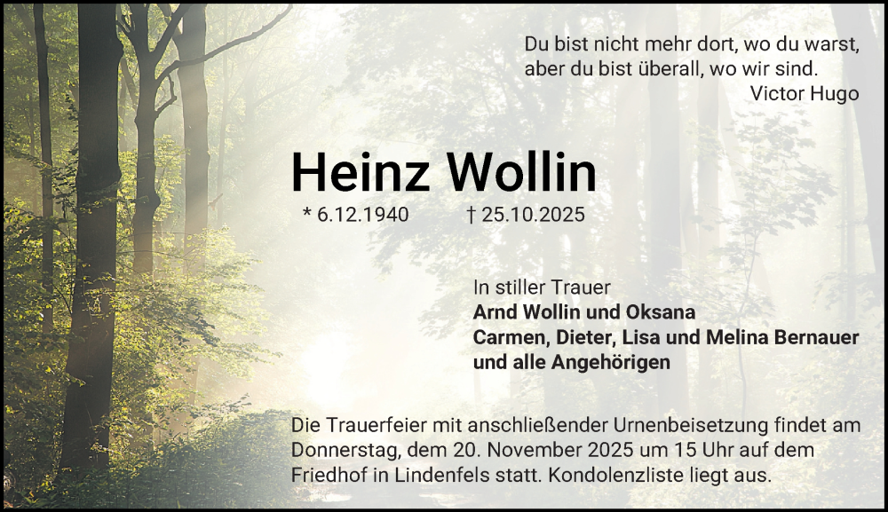  Traueranzeige für Heinz Wollin vom 15.11.2025 aus Starkenburger Echo