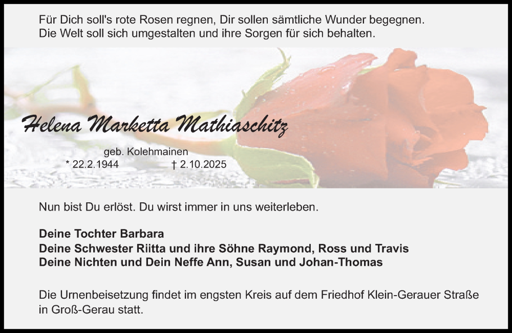  Traueranzeige für Helena Marketta Mathiaschitz vom 11.10.2025 aus Groß-Gerauer Echo