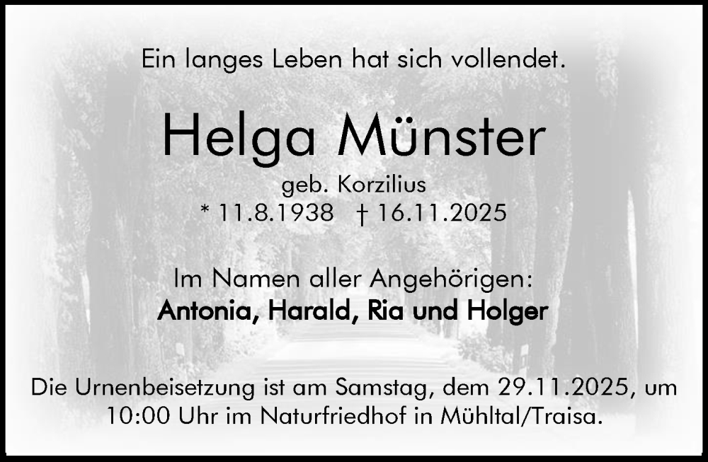  Traueranzeige für Helga Münster vom 22.11.2025 aus Darmstädter Echo