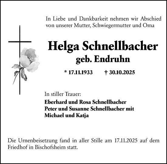 Traueranzeige von Helga Schnellbacher von Rüsselsheimer Echo