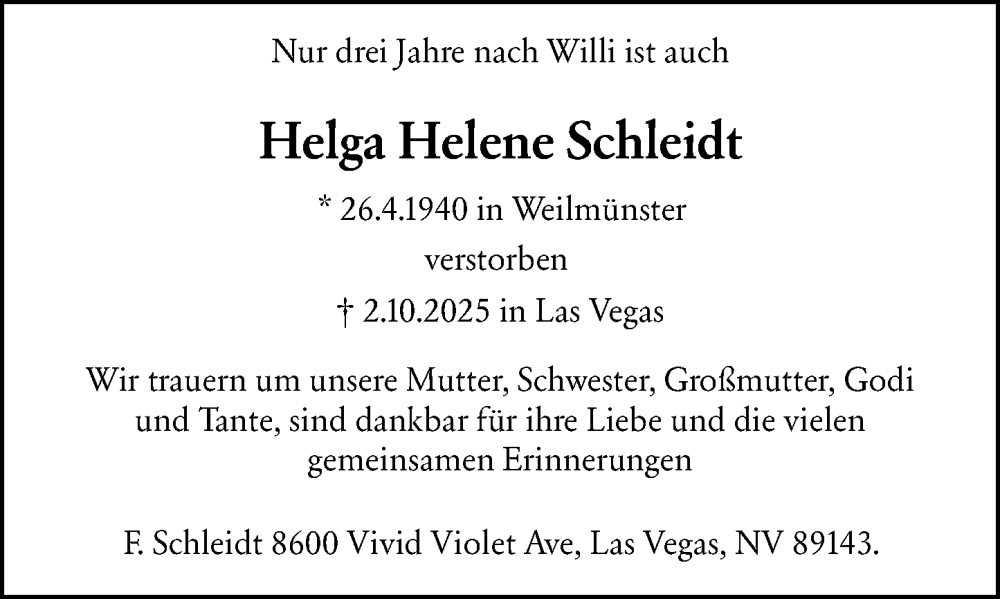  Traueranzeige für Helga Helene Schleidt vom 11.10.2025 aus Rüsselsheimer Echo