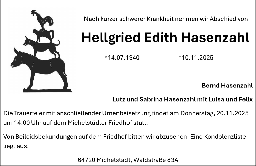  Traueranzeige für Hellgried Edith Hasenzahl vom 15.11.2025 aus Odenwälder Echo