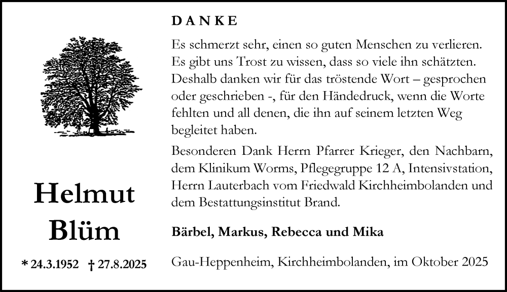  Traueranzeige für Helmut Blüm vom 11.10.2025 aus Allgemeine Zeitung Alzey