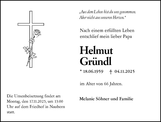 Traueranzeige von Helmut Gründl von Wetzlarer Neue Zeitung