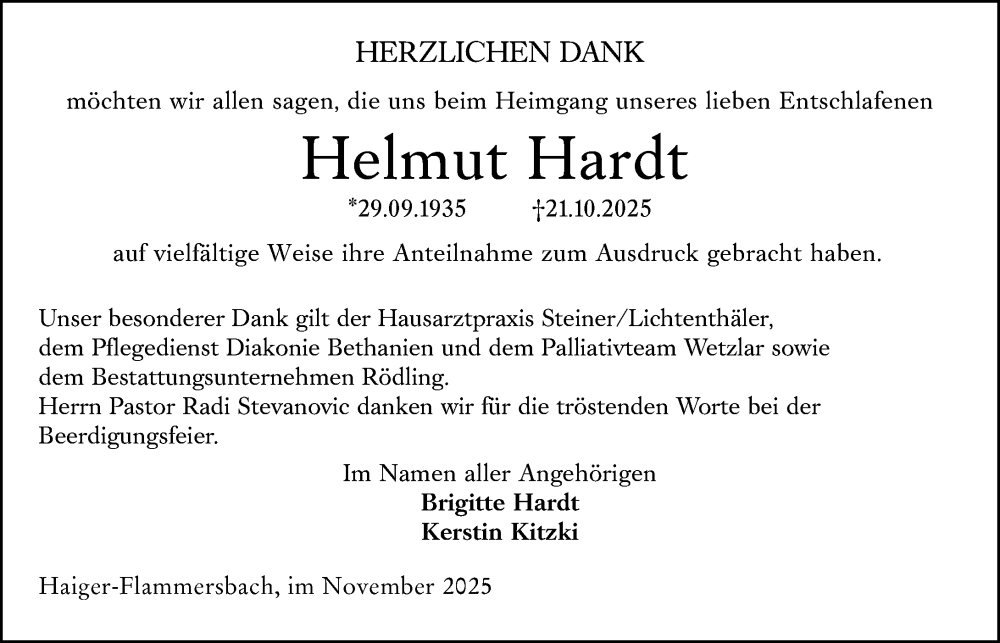  Traueranzeige für Helmut Hardt vom 22.11.2025 aus Dill Block