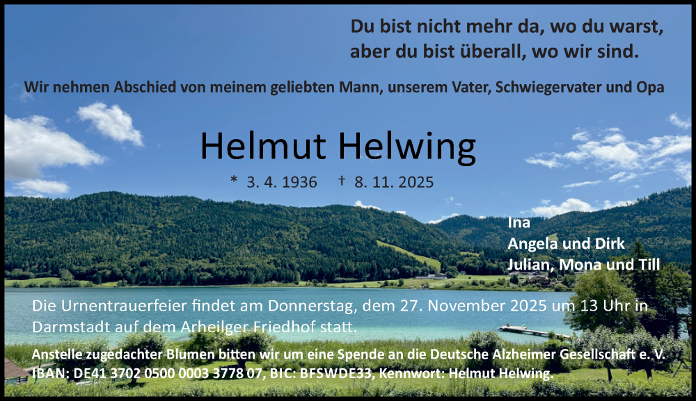  Traueranzeige für Helmut Helwing vom 15.11.2025 aus Darmstädter Echo