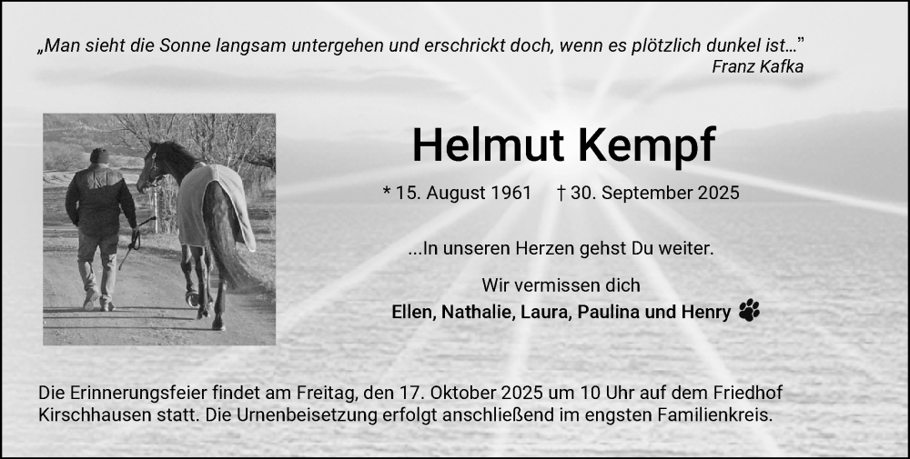  Traueranzeige für Helmut Kempf vom 11.10.2025 aus Starkenburger Echo