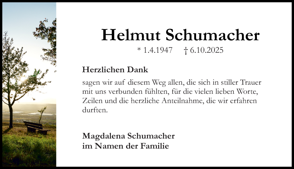  Traueranzeige für Helmut Schumacher vom 15.11.2025 aus Allgemeine Zeitung Rheinhessen-Nahe