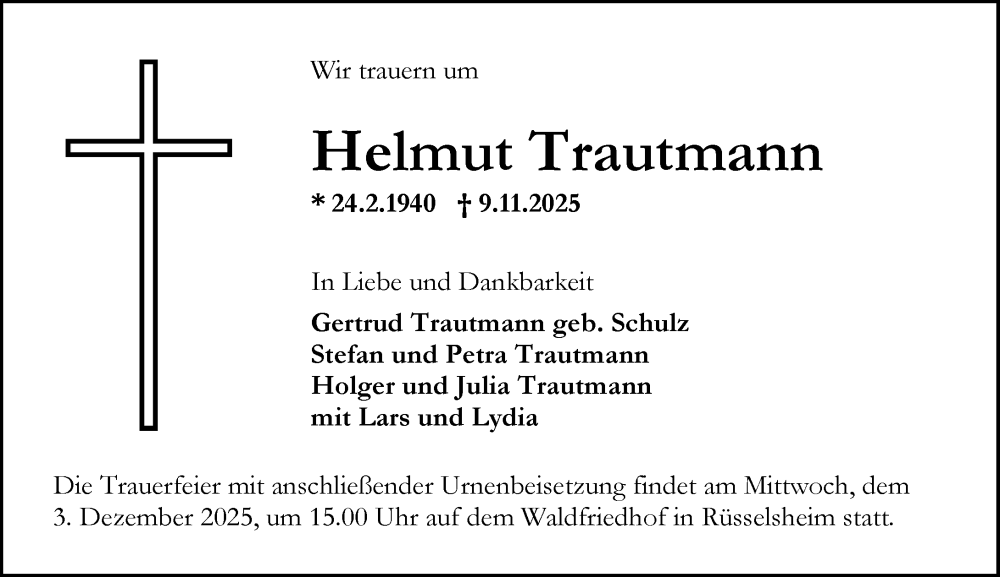  Traueranzeige für Helmut Trautmann vom 15.11.2025 aus Rüsselsheimer Echo
