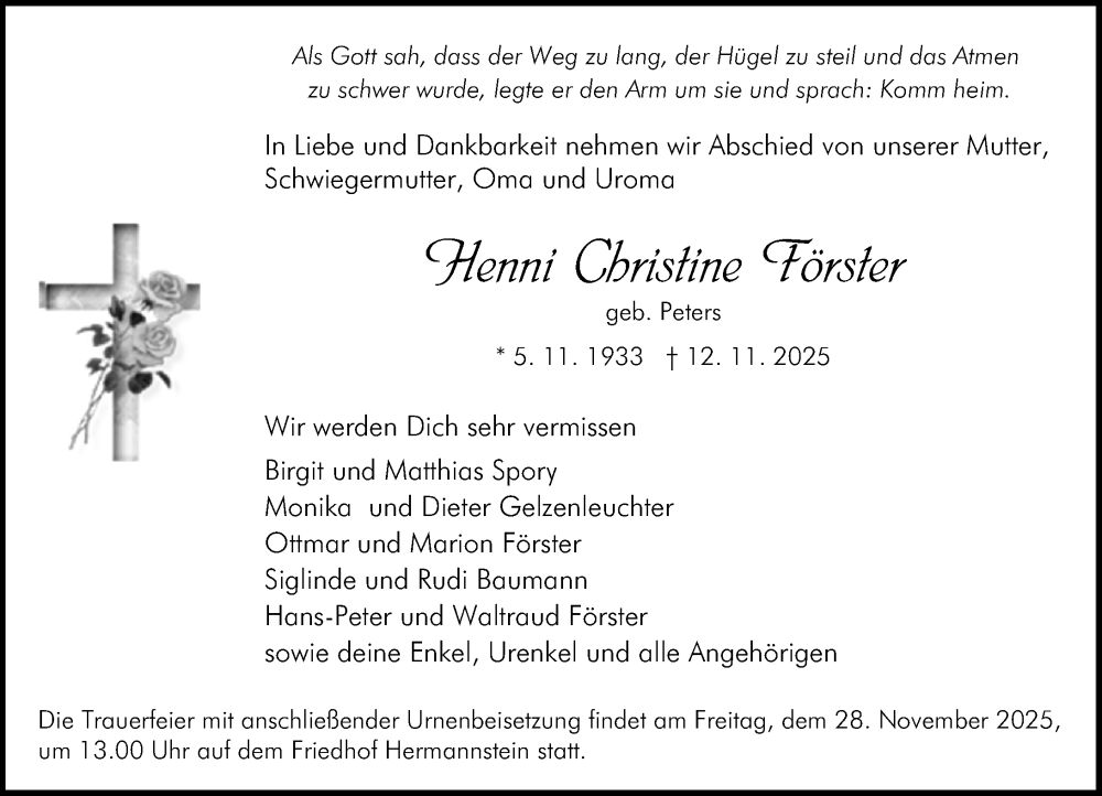  Traueranzeige für Henni Christine Förster vom 22.11.2025 aus Wetzlarer Neue Zeitung