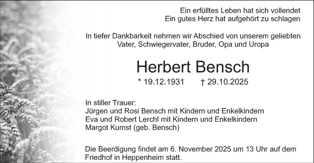  Traueranzeige für Herbert Bensch vom 03.11.2025 aus Starkenburger Echo