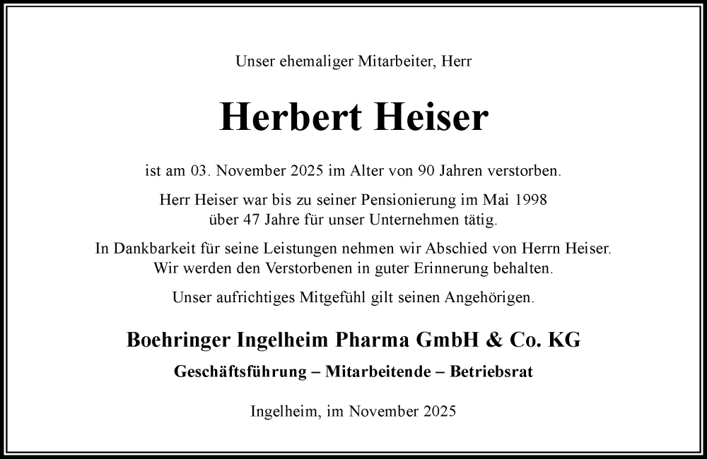  Traueranzeige für Herbert Heiser vom 24.11.2025 aus Allgemeine Zeitung Rheinhessen-Nahe