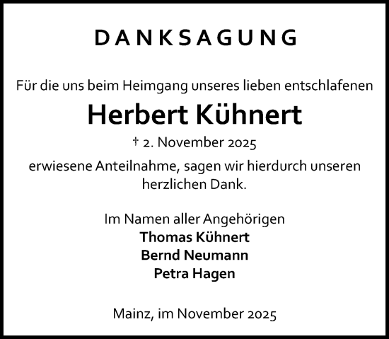 Traueranzeige von Herbert Kühnert von Allgemeine Zeitung Mainz