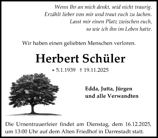 Traueranzeige von Herbert Schüler von Darmstädter Echo