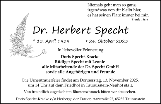 Traueranzeige von Herbert Specht von Wiesbadener Kurier