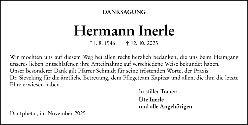  Traueranzeige für Hermann Inerle vom 15.11.2025 aus Hinterländer Anzeiger