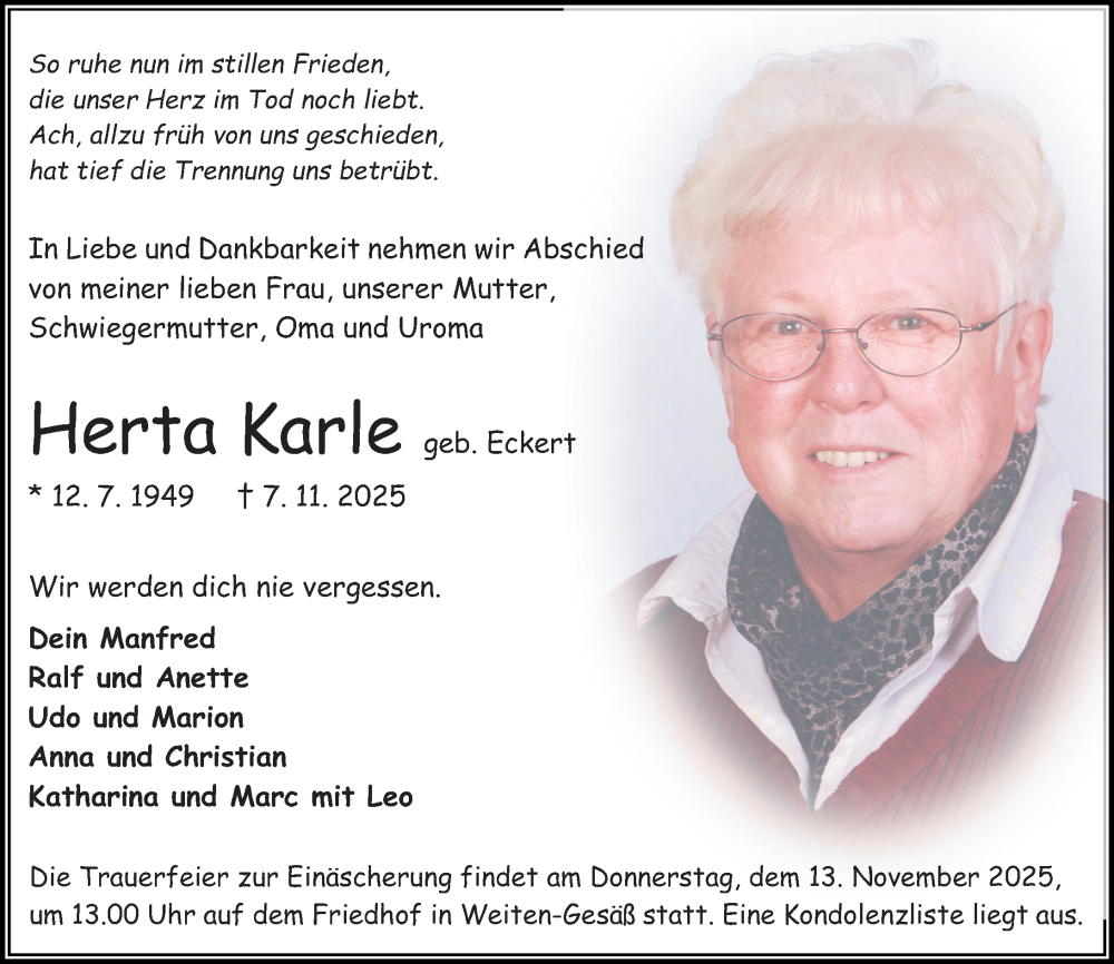  Traueranzeige für Herta Karle vom 10.11.2025 aus Odenwälder Echo