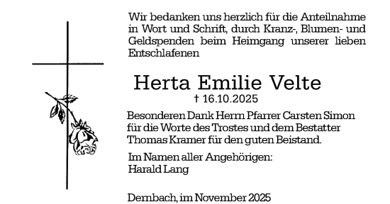 Traueranzeige von Herta Emilie Velte von Hinterländer Anzeiger