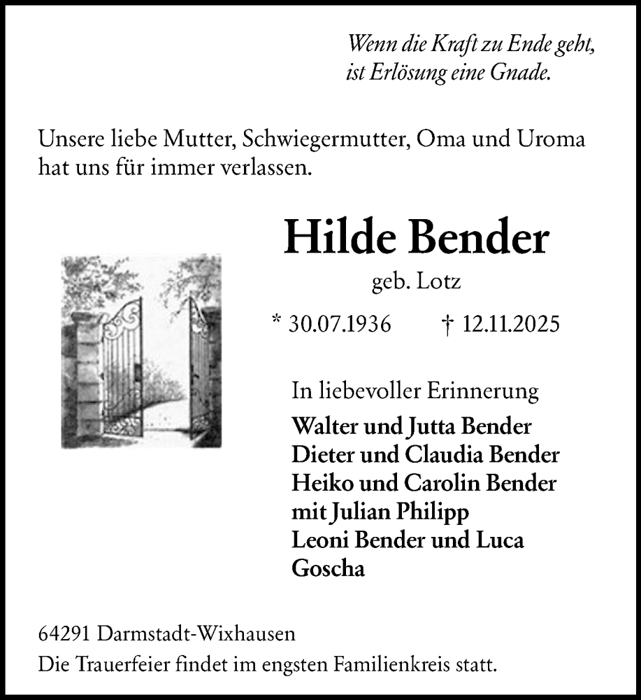  Traueranzeige für Hilde Bender vom 15.11.2025 aus Darmstädter Echo