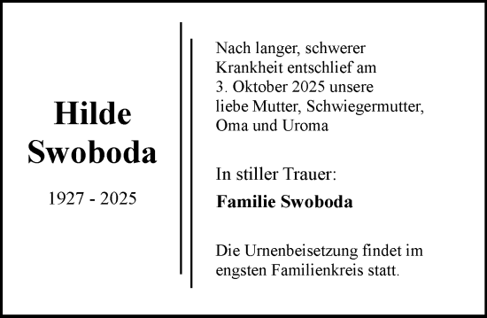 Traueranzeige von Hilde Swoboda von Rüsselsheimer Echo