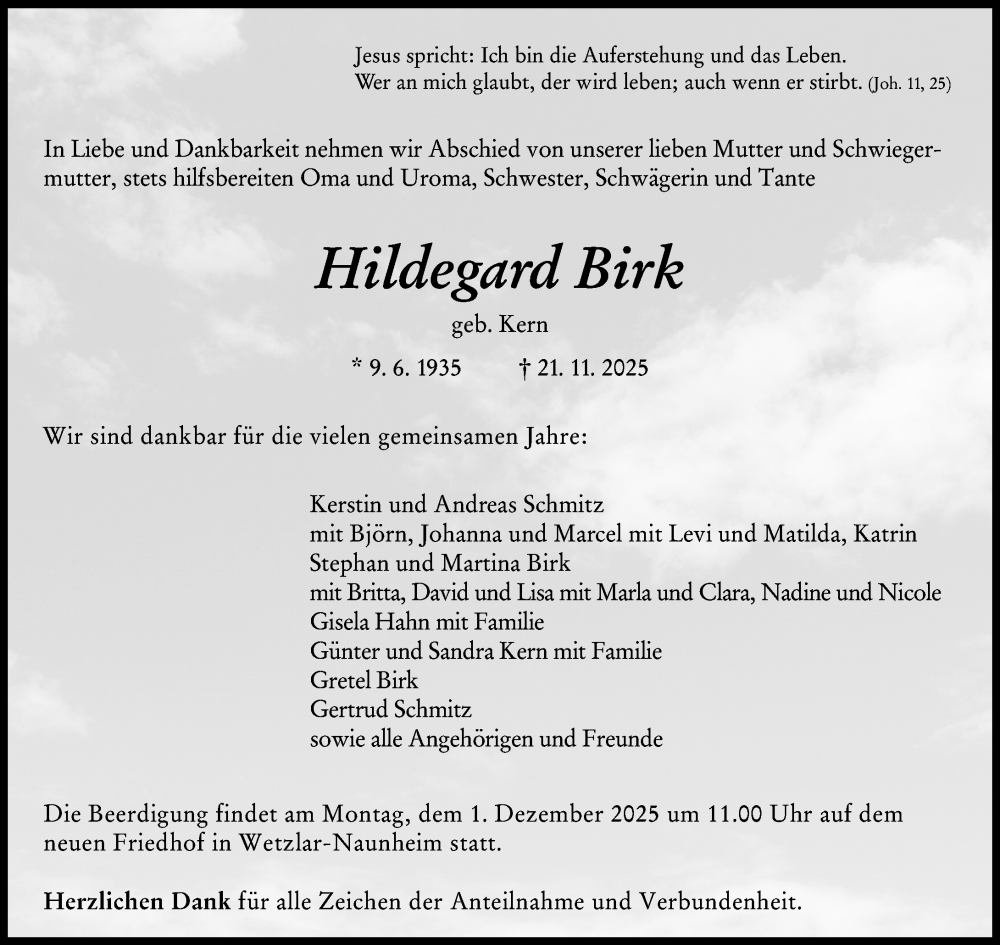  Traueranzeige für Hildegard Birk vom 25.11.2025 aus Wetzlarer Neue Zeitung