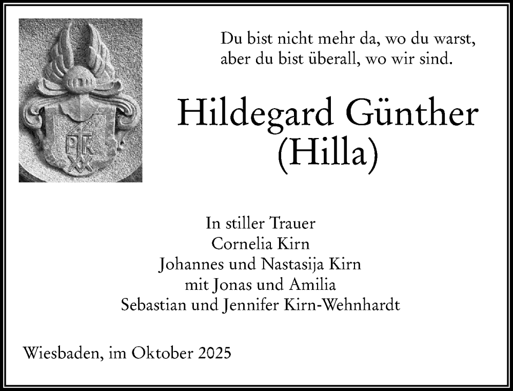  Traueranzeige für Hildegard Günther vom 11.10.2025 aus Wiesbadener Kurier