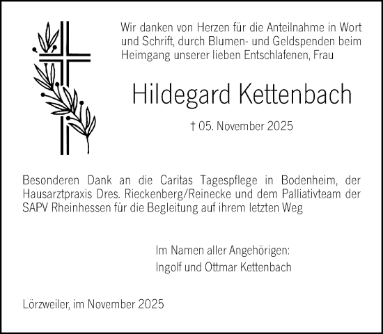 Traueranzeige von Hildegard Kettenbach von Allgemeine Zeitung Mainz
