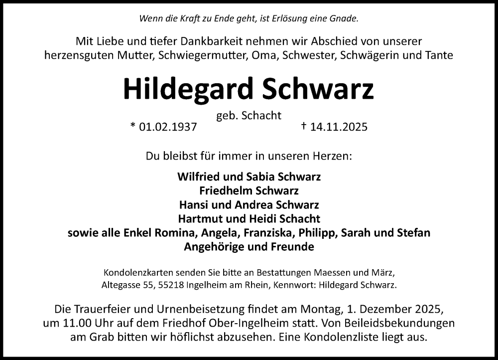  Traueranzeige für Hildegard Schwarz vom 22.11.2025 aus Allgemeine Zeitung Rheinhessen-Nahe