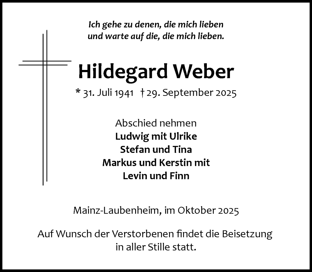  Traueranzeige für Hildegard Weber vom 11.10.2025 aus Allgemeine Zeitung Mainz
