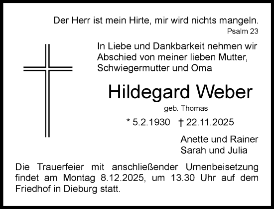 Traueranzeige von Hildegard Weber von Dieburger Anzeiger/Groß-Zimmerner Lokal-Anzeiger