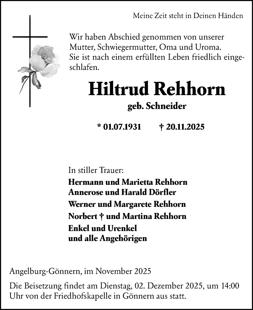  Traueranzeige für Hiltrud Rehhorn vom 29.11.2025 aus Hinterländer Anzeiger