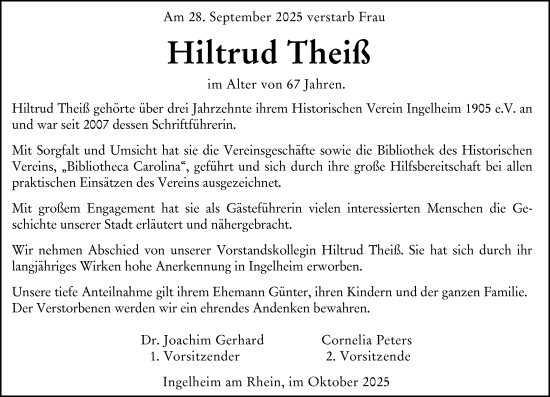 Traueranzeige von Hiltrud Theiß von Allgemeine Zeitung Rheinhessen-Nahe