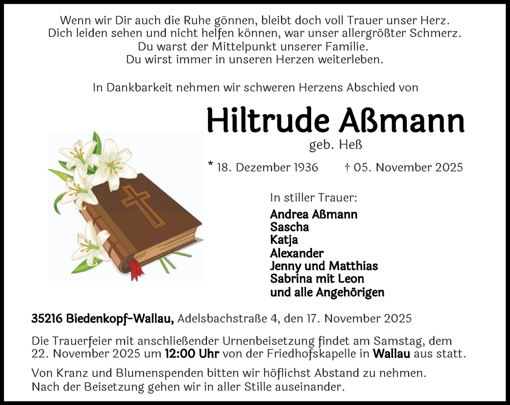  Traueranzeige für Hiltrude Aßmann vom 17.11.2025 aus Hinterländer Anzeiger