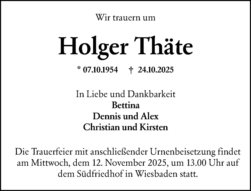  Traueranzeige für Holger Thäte vom 08.11.2025 aus Wiesbadener Kurier