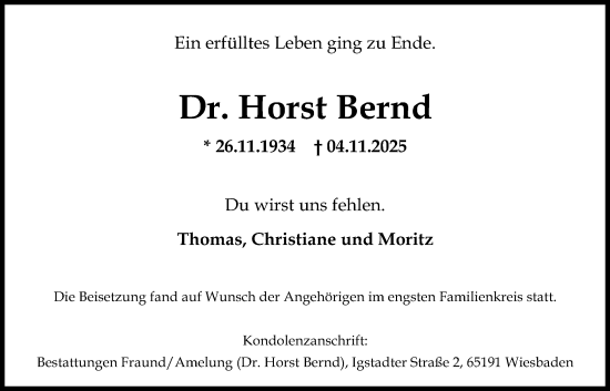 Traueranzeige von Horst Bernd von Wiesbadener Kurier