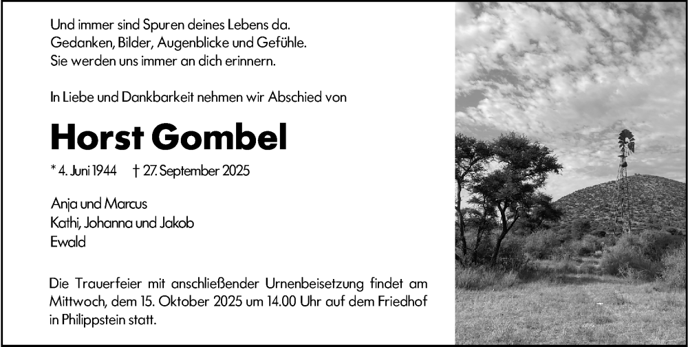  Traueranzeige für Horst Gombel vom 11.10.2025 aus Weilburger Tageblatt