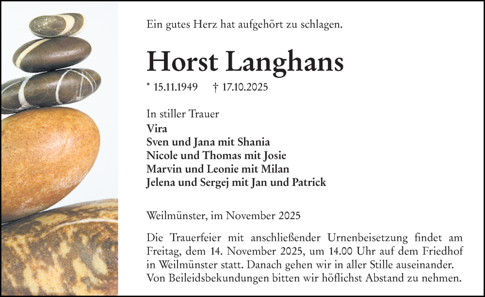  Traueranzeige für Horst Langhans vom 08.11.2025 aus Weilburger Tageblatt