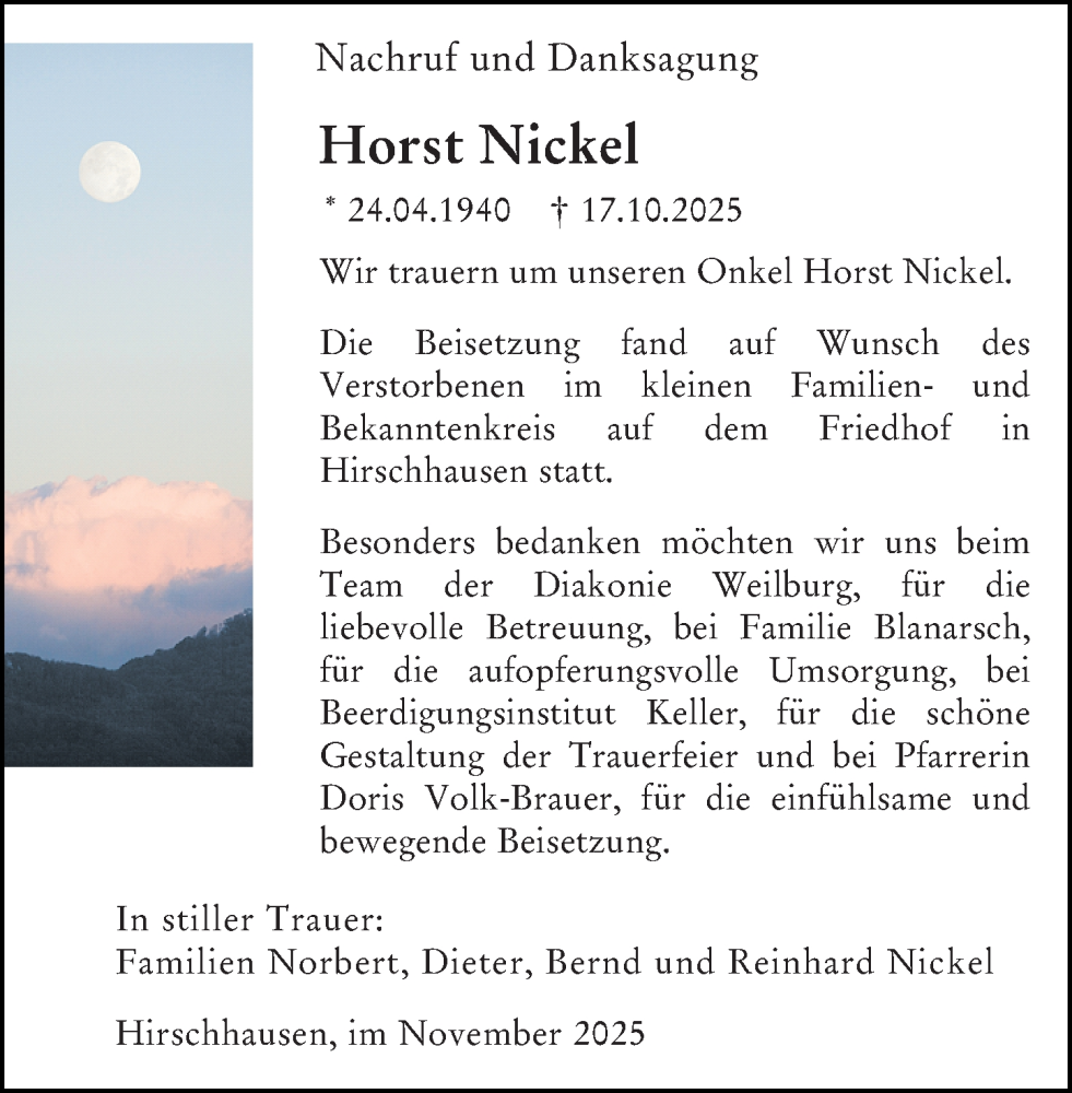  Traueranzeige für Horst Nickel vom 19.11.2025 aus Weilburger Tageblatt