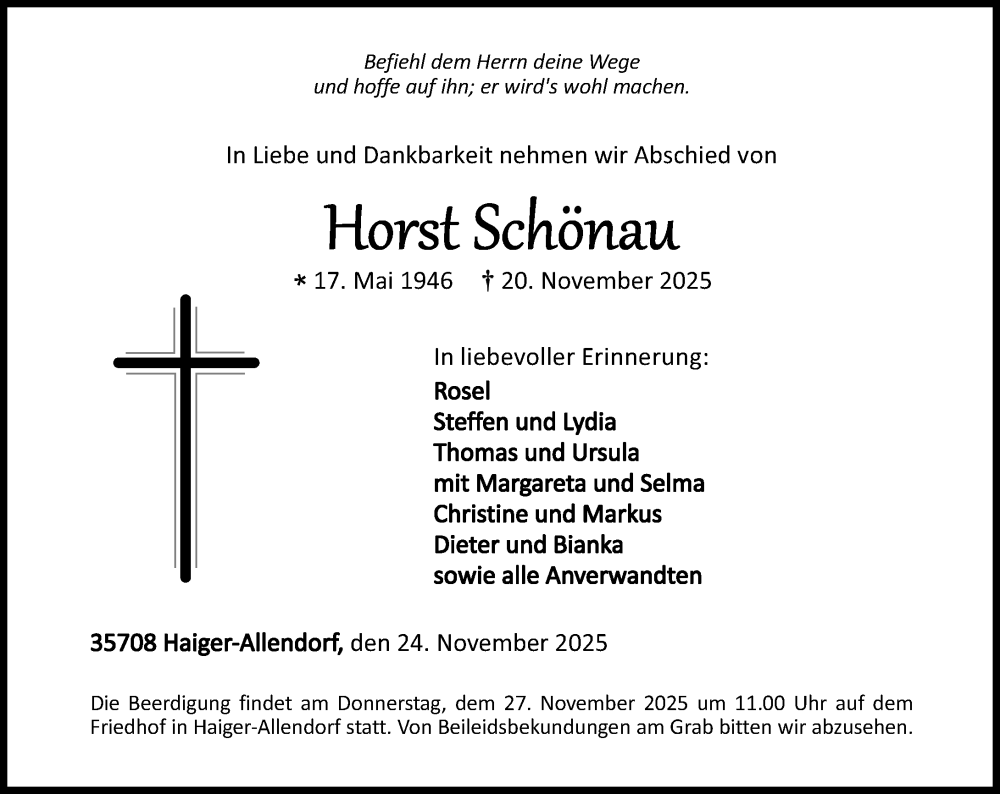  Traueranzeige für Horst Schönau vom 24.11.2025 aus Dill Block
