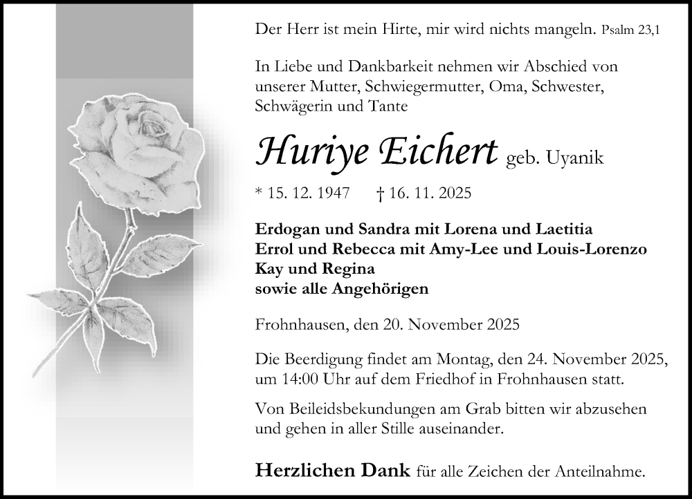  Traueranzeige für Huriye Eichert vom 20.11.2025 aus Dill Block
