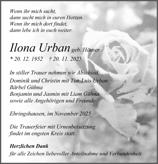 Traueranzeige von Ilona Urban von Wetzlarer Neue Zeitung